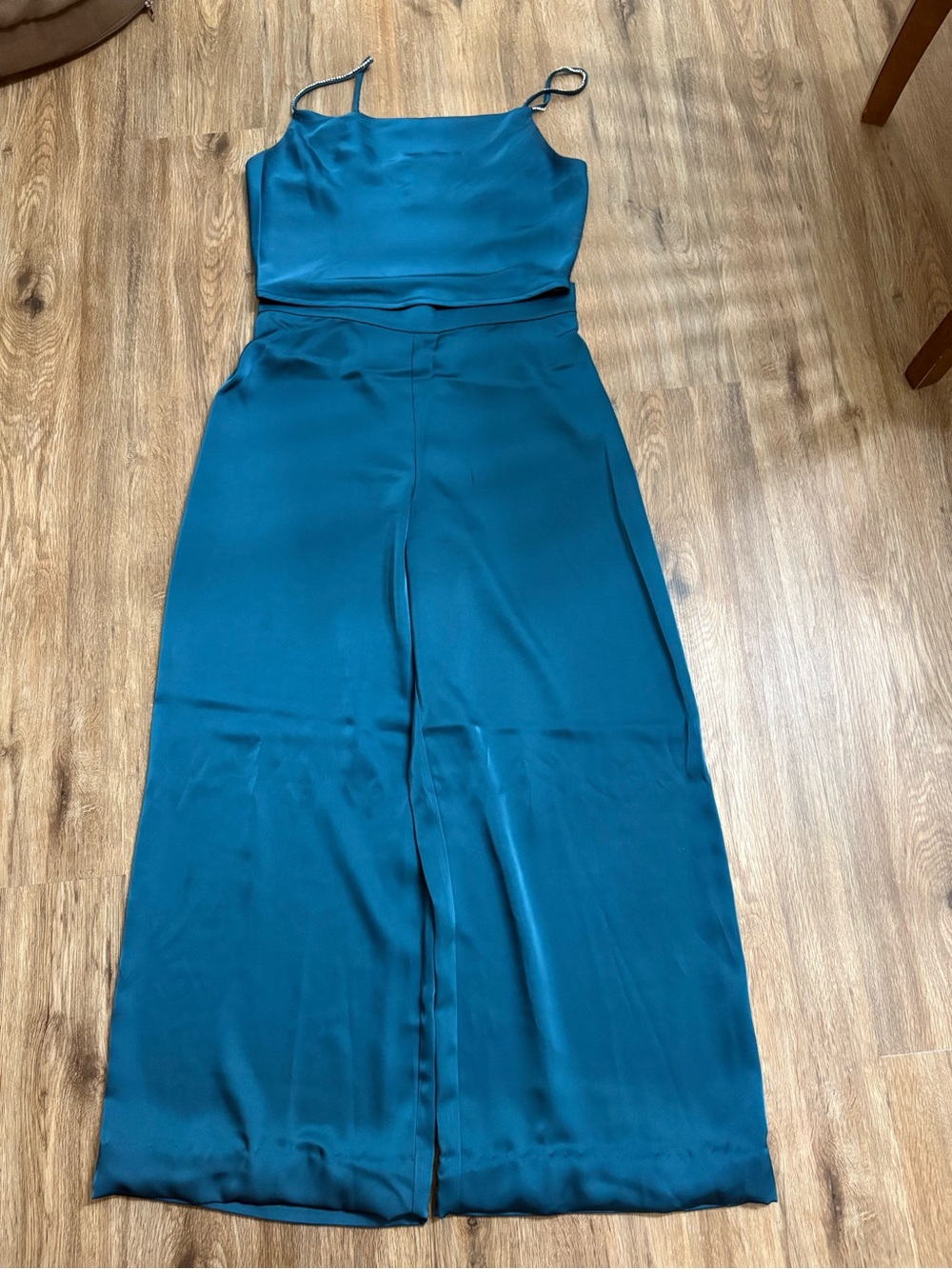 Teal Satin Two-Piece Set - Spaghetti Strap Top & Wide Leg Pants